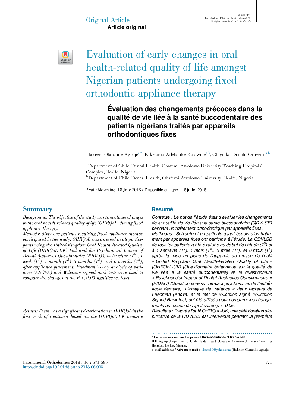Ãvaluation des changements précoces dans la qualité de vie liée Ã  la santé buccodentaire des patients nigérians traités par appareils orthodontiques fixes