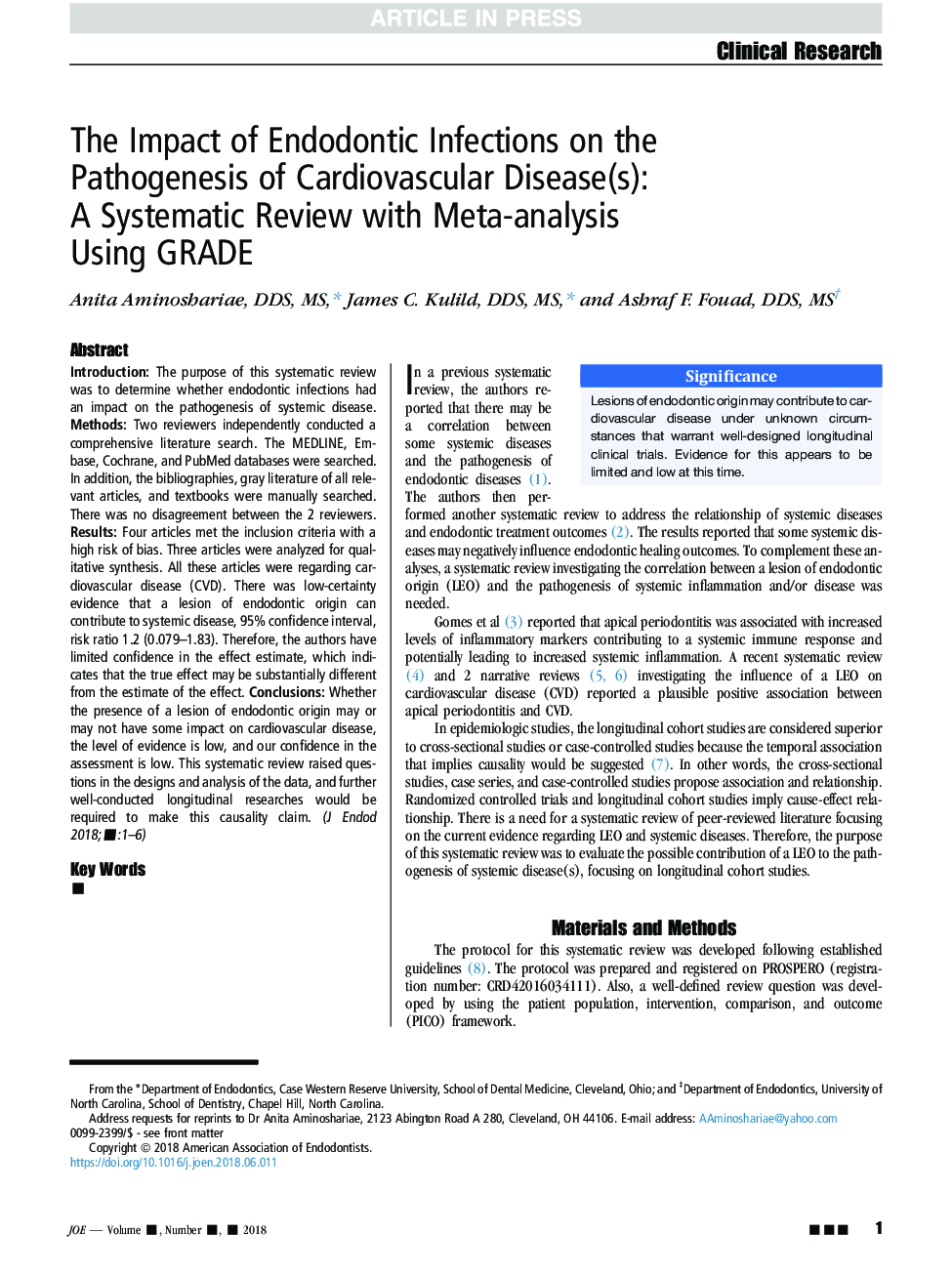 The Impact of Endodontic Infections on the Pathogenesis of Cardiovascular Disease(s): A Systematic Review with Meta-analysis Using GRADE