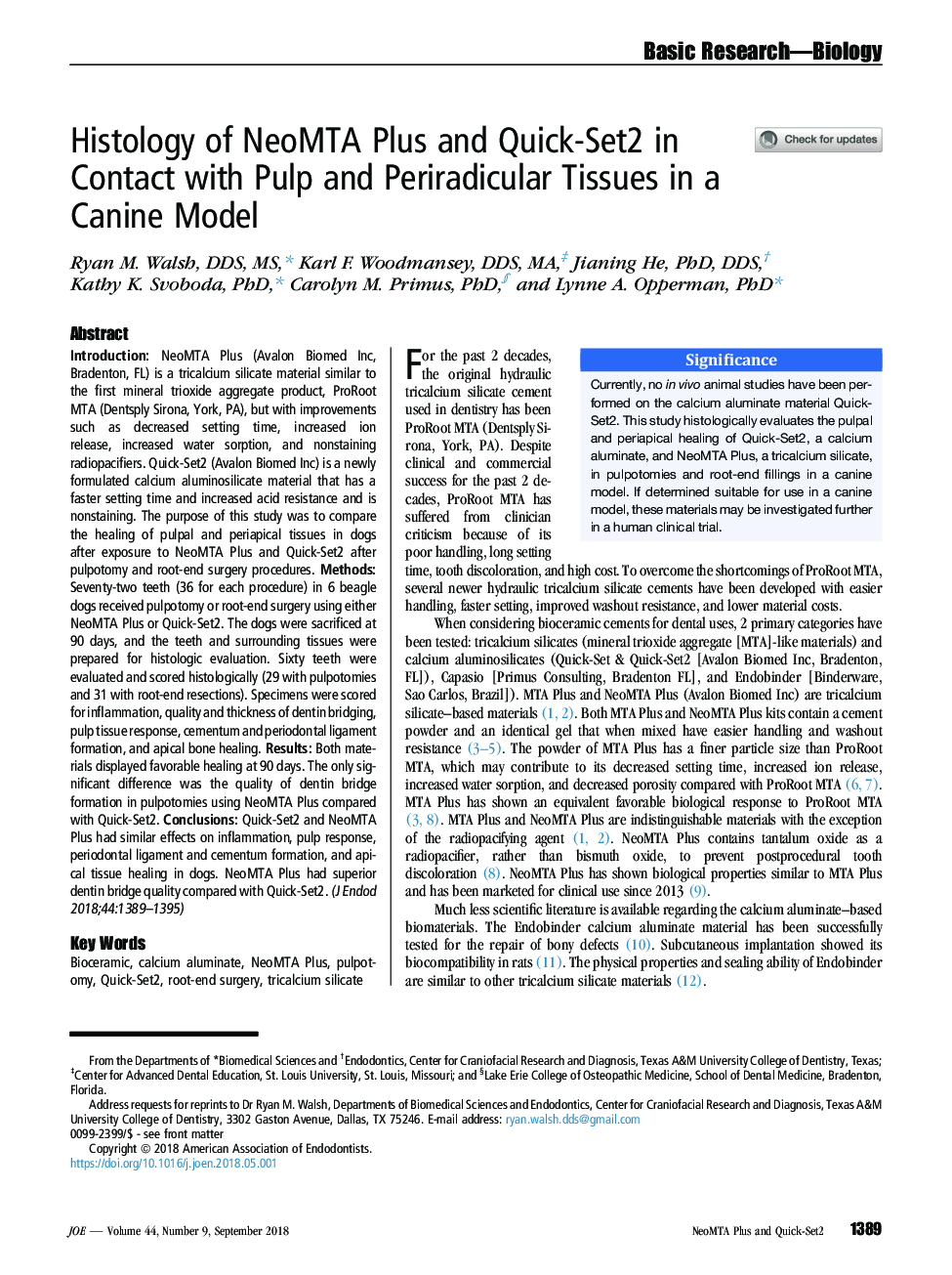 Histology of NeoMTA Plus and Quick-Set2 in Contact with Pulp and Periradicular Tissues in a Canine Model