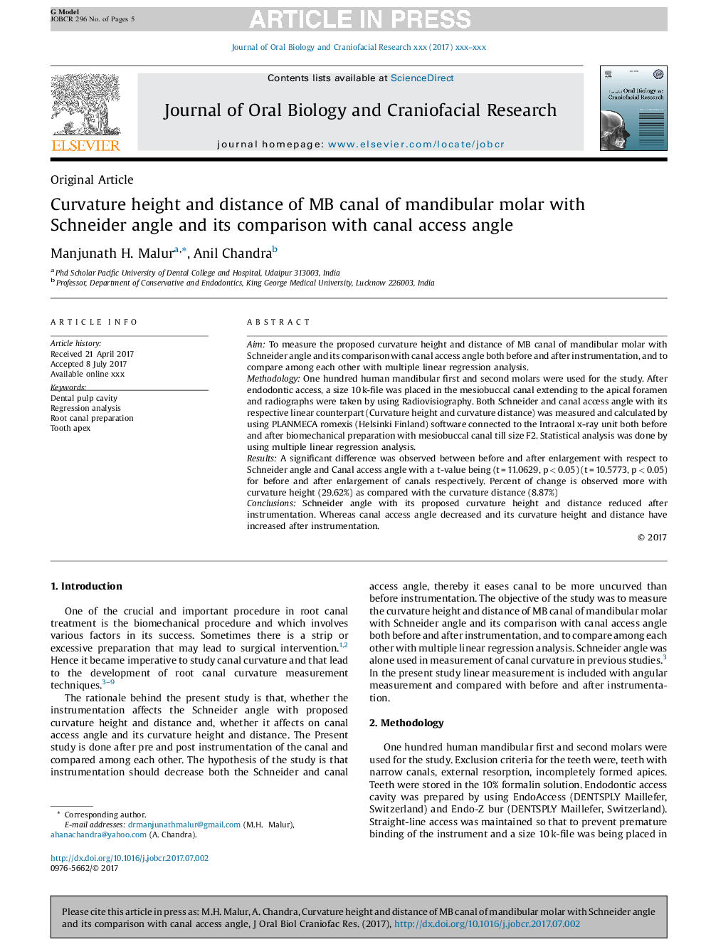 Curvature height and distance of MB canal of mandibular molar with Schneider angle and its comparison with canal access angle