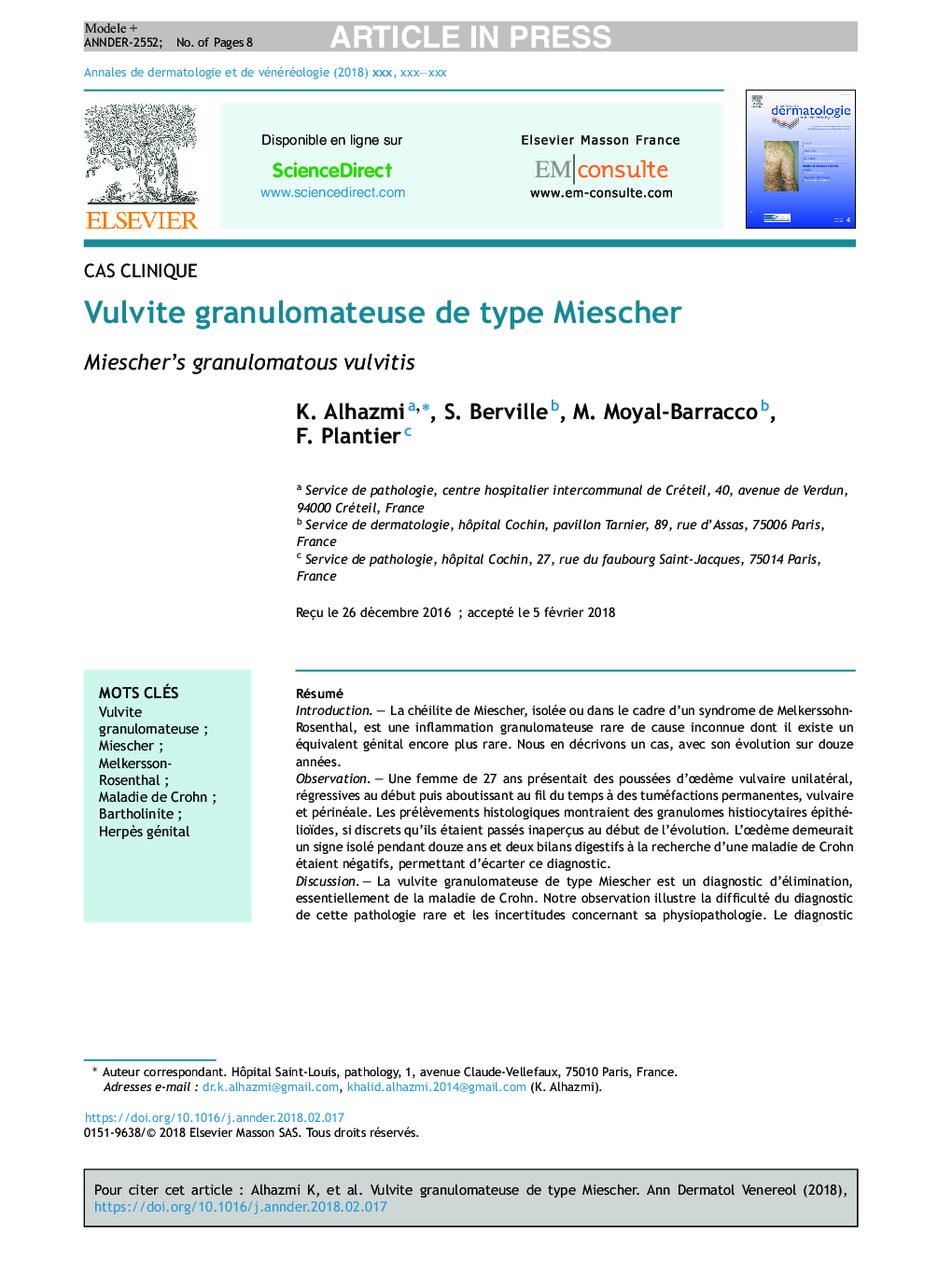 Vulvite granulomateuse de type Miescher