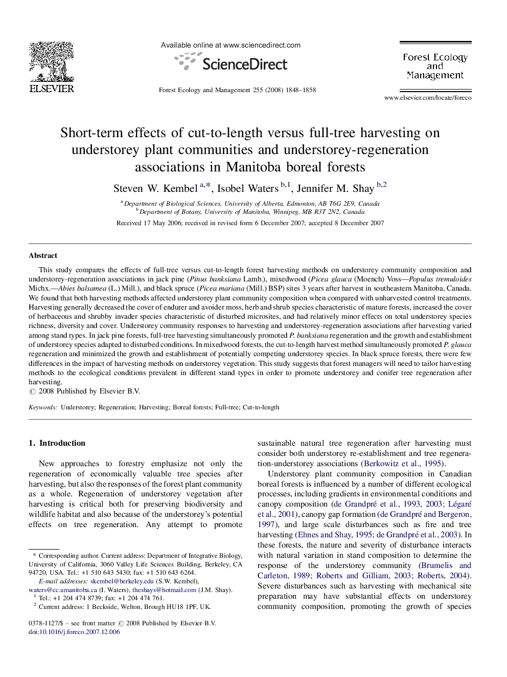 Short-term effects of cut-to-length versus full-tree harvesting on understorey plant communities and understorey-regeneration associations in Manitoba boreal forests