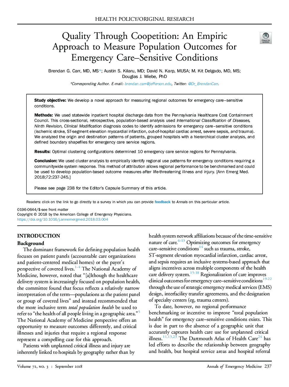 Quality Through Coopetition: An Empiric Approach to Measure Population Outcomes for Emergency Care-Sensitive Conditions