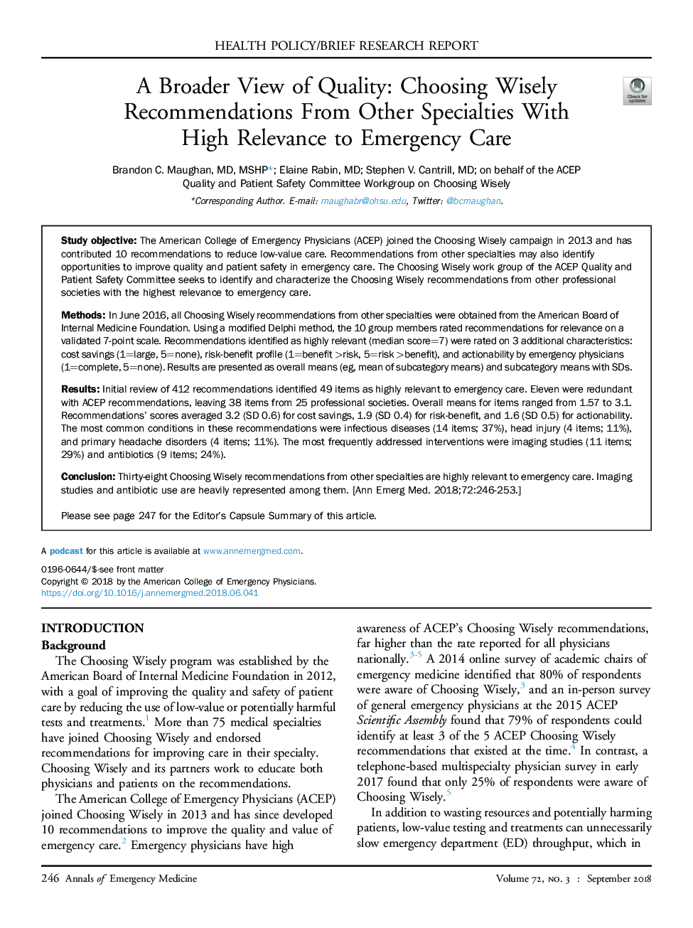 A Broader View of Quality: Choosing Wisely Recommendations From Other Specialties With High Relevance to Emergency Care