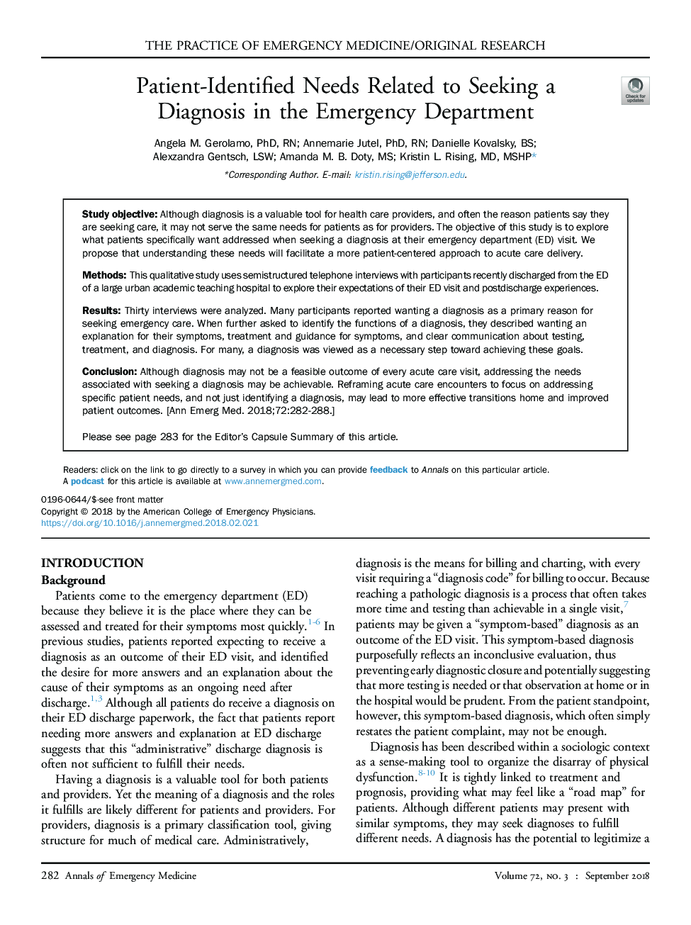 Patient-Identified Needs Related to Seeking a Diagnosis in the Emergency Department