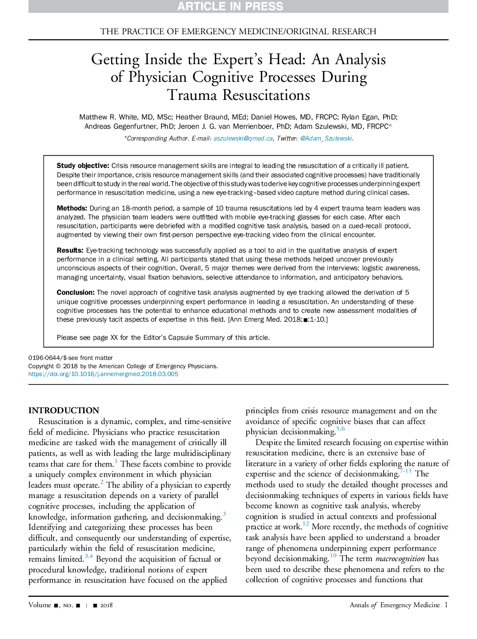 Getting Inside the Expert's Head: An Analysis ofÂ Physician Cognitive Processes During TraumaÂ Resuscitations