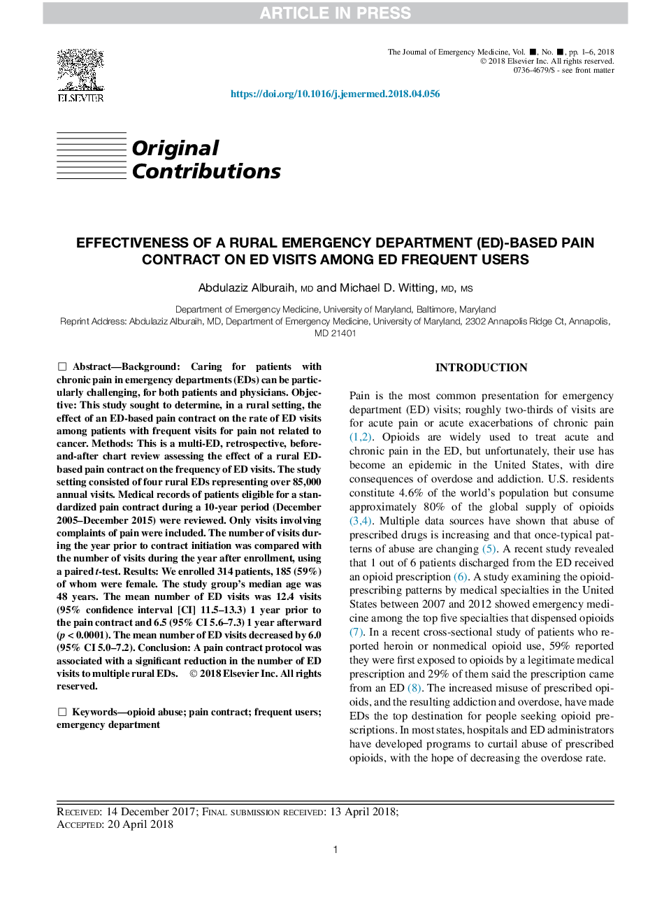 Effectiveness of a Rural Emergency Department (ED)-Based Pain Contract on ED Visits Among ED Frequent Users