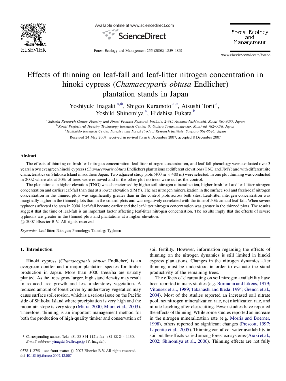 Effects of thinning on leaf-fall and leaf-litter nitrogen concentration in hinoki cypress (Chamaecyparis obtusa Endlicher) plantation stands in Japan