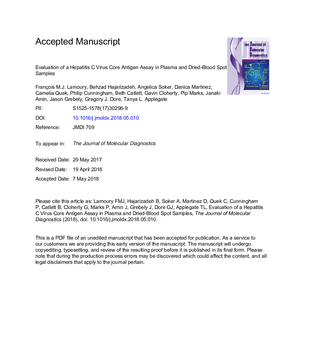 Evaluation of a Hepatitis C Virus Core Antigen Assay in Plasma and Dried Blood Spot Samples