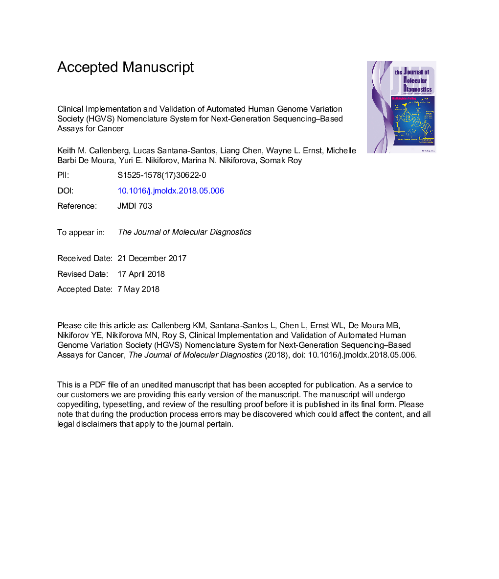 Clinical Implementation and Validation of Automated Human Genome Variation Society (HGVS) Nomenclature System for Next-Generation Sequencing-Based Assays for Cancer