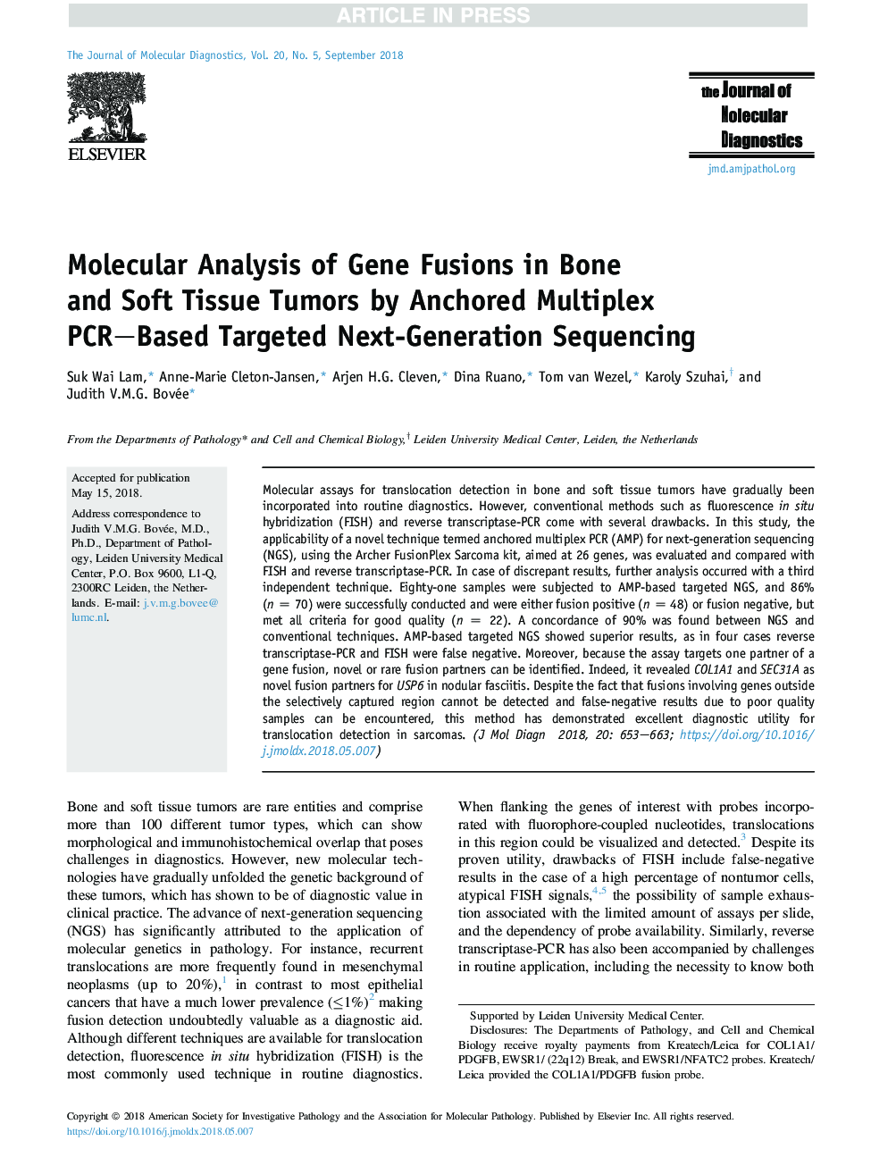 Molecular Analysis of Gene Fusions in Bone and Soft Tissue Tumors by Anchored Multiplex PCR-Based Targeted Next-Generation Sequencing