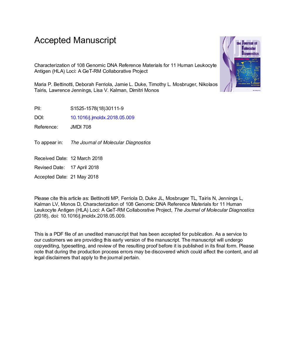 Characterization of 108 Genomic DNA Reference Materials for 11 Human Leukocyte Antigen Loci