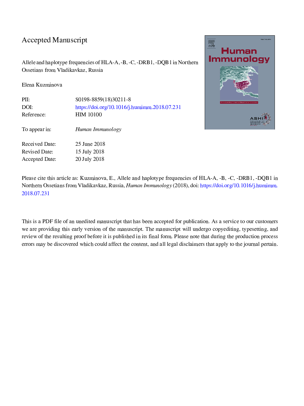 Allele and haplotype frequencies of HLA-A, -B, -C, -DRB1, -DQB1 in Northern Ossetians from Vladikavkaz, Russia