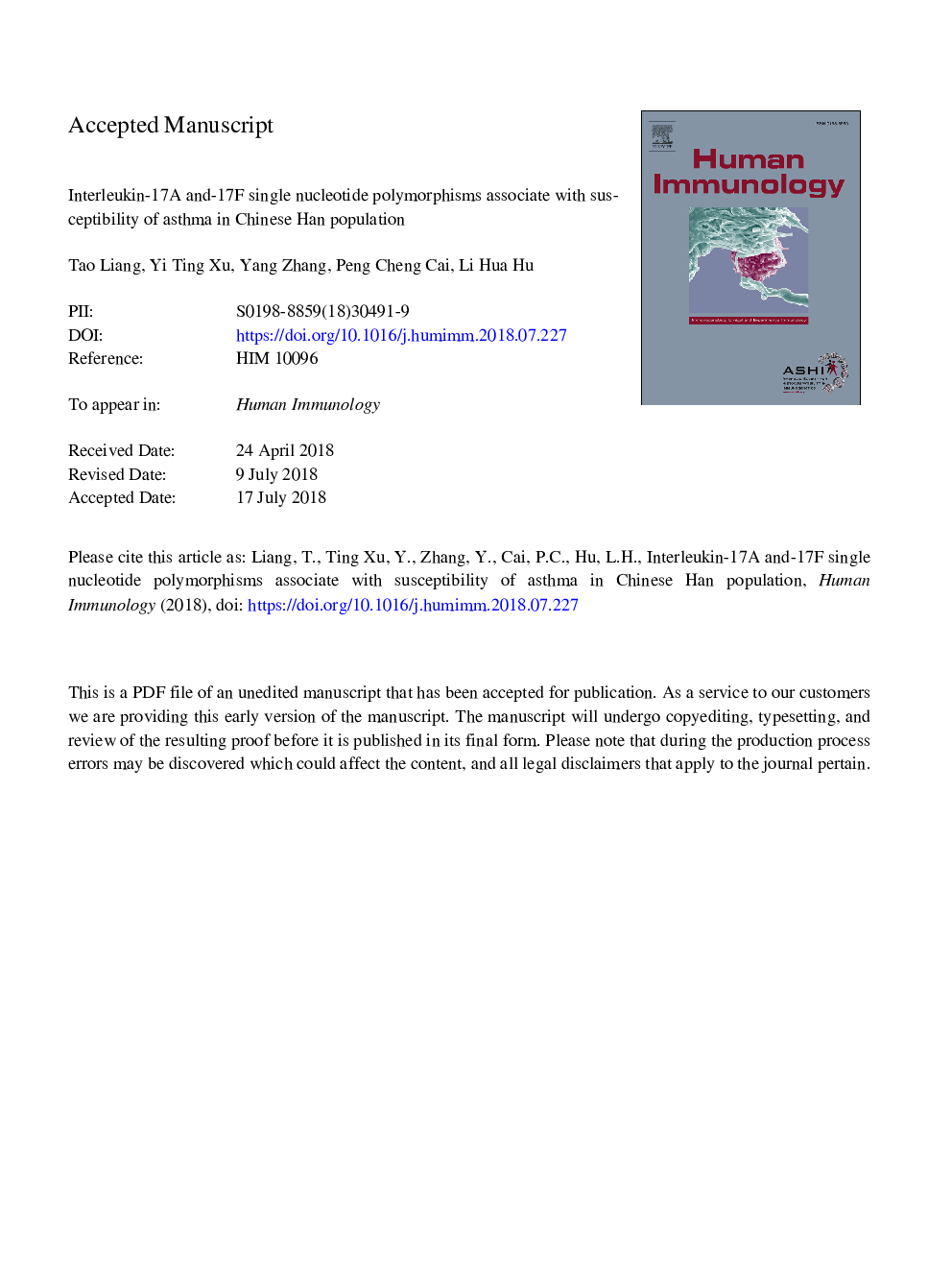 Interleukin-17A and -17F single nucleotide polymorphisms associate with susceptibility of asthma in Chinese Han population