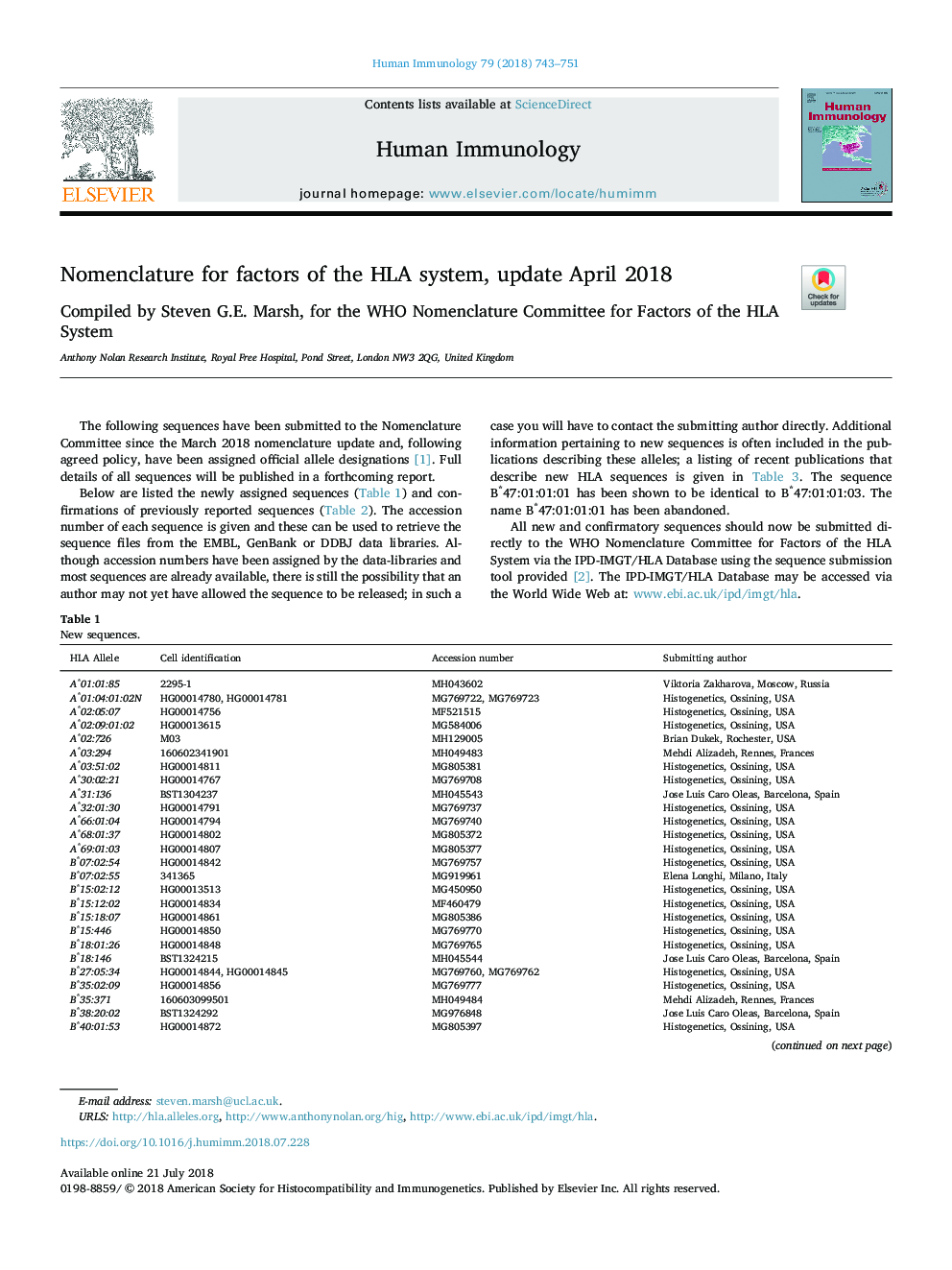 Nomenclature for factors of the HLA system, update April 2018