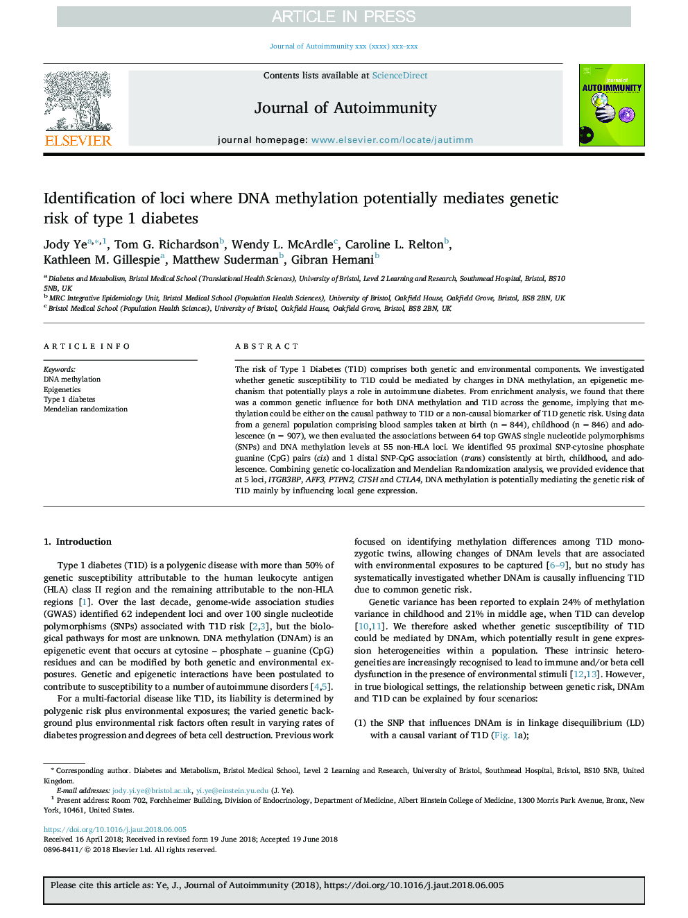 Identification of loci where DNA methylation potentially mediates genetic risk of type 1 diabetes