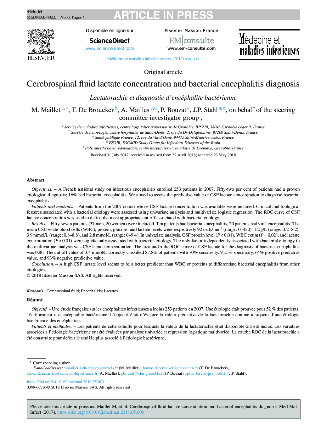 Cerebrospinal fluid lactate concentration and bacterial encephalitis diagnosis