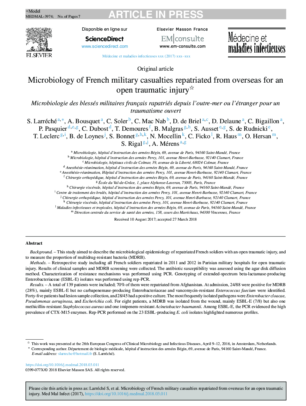 Microbiology of French military casualties repatriated from overseas for an open traumatic injury