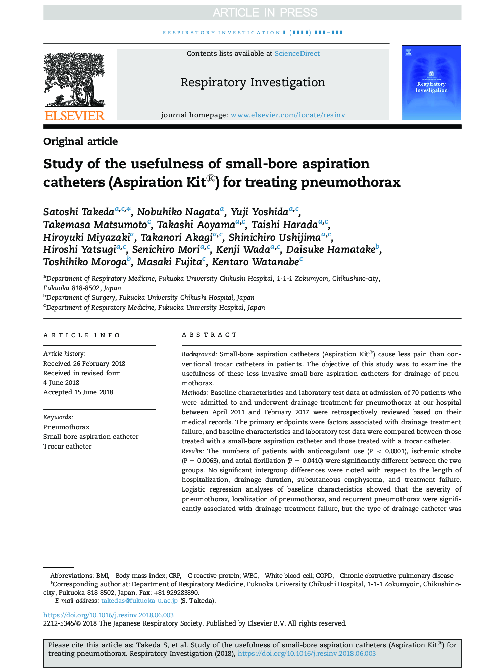 Study of the usefulness of small-bore aspiration catheters (Aspiration Kit®) for treating pneumothorax