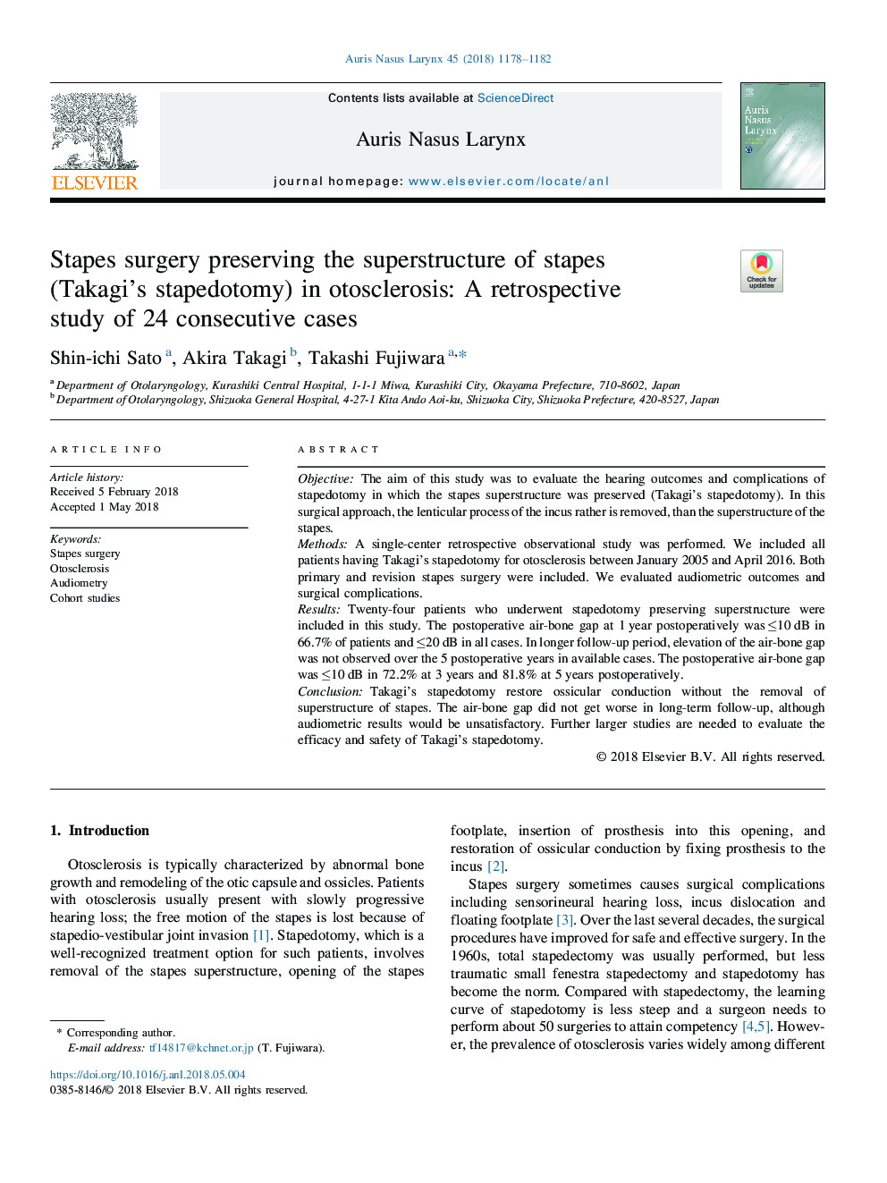 Stapes surgery preserving the superstructure of stapes (Takagi's stapedotomy) in otosclerosis: A retrospective study of 24 consecutive cases