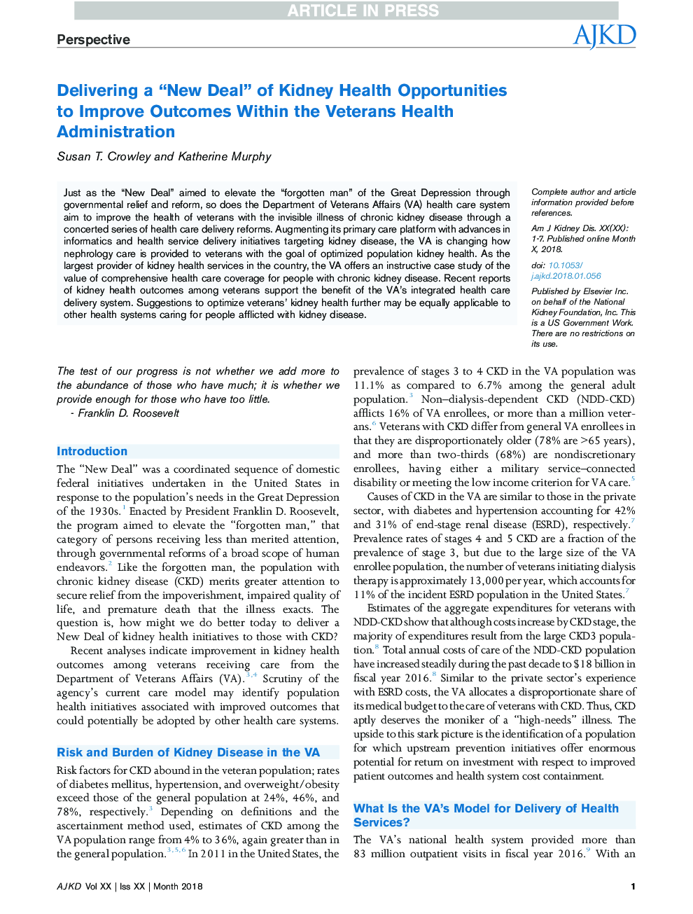 Delivering a “New Deal” of Kidney Health Opportunities to Improve Outcomes Within the Veterans Health Administration