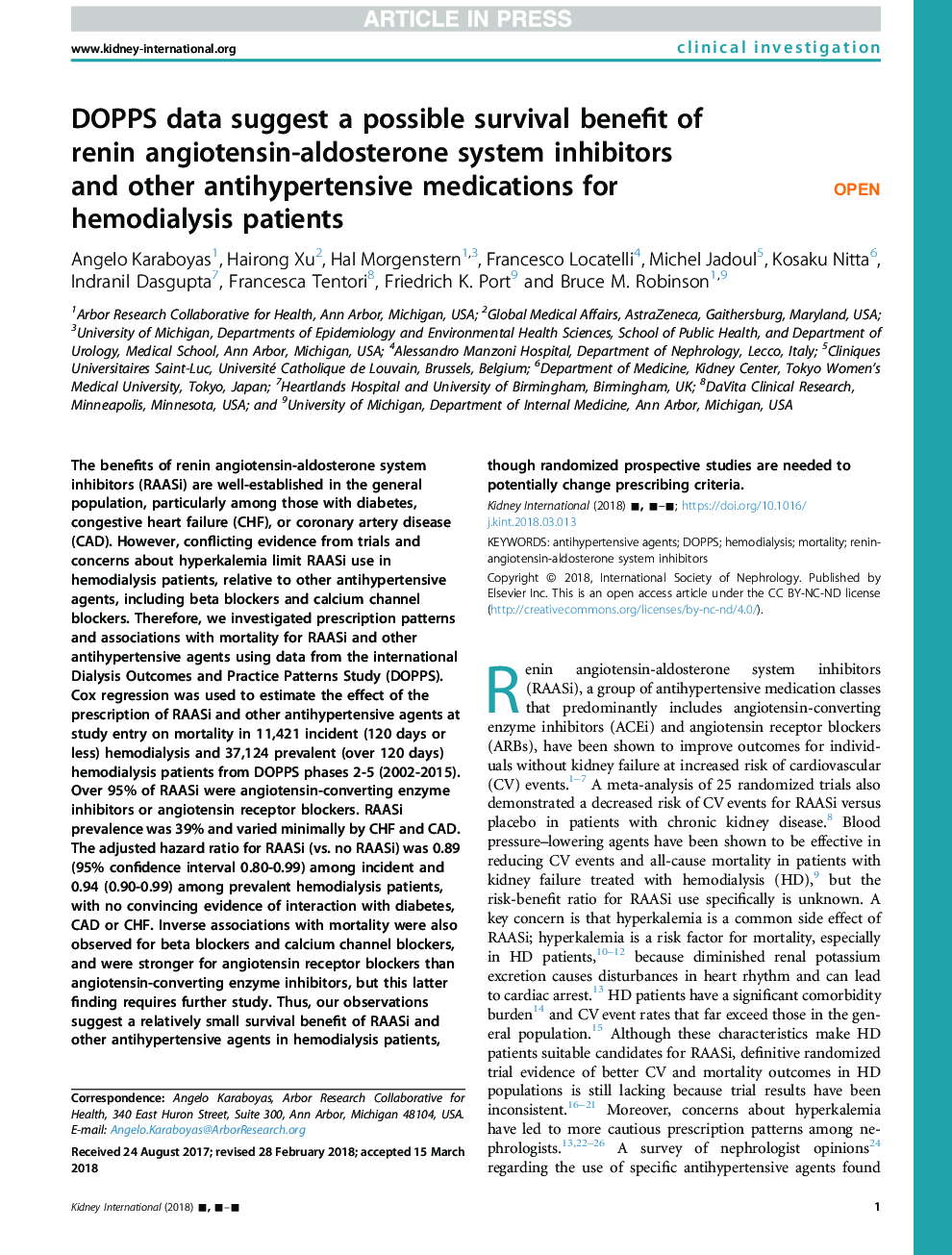 DOPPS data suggest a possible survival benefit of renin angiotensin-aldosterone system inhibitors and other antihypertensive medications for hemodialysis patients