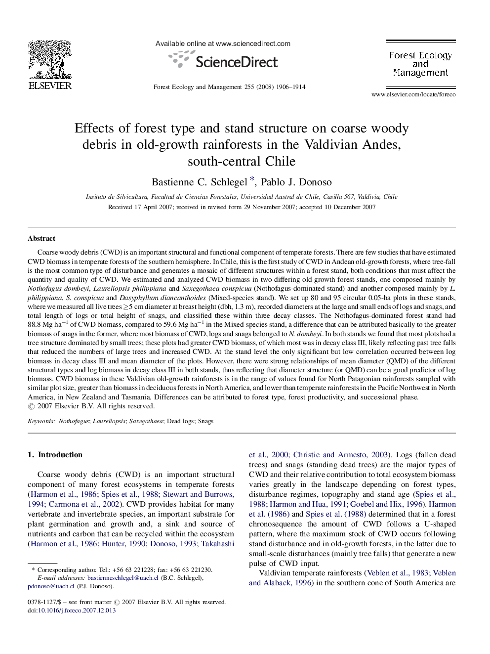 Effects of forest type and stand structure on coarse woody debris in old-growth rainforests in the Valdivian Andes, south-central Chile