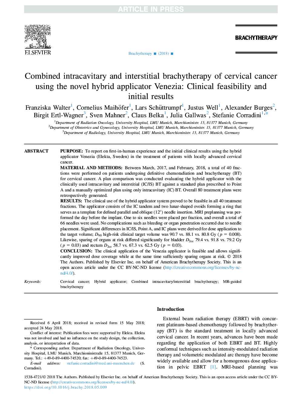 Combined intracavitary and interstitial brachytherapy of cervical cancer using the novel hybrid applicator Venezia: Clinical feasibility and initialÂ results