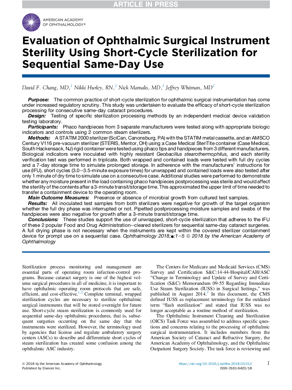 Evaluation of Ophthalmic Surgical Instrument Sterility Using Short-Cycle Sterilization for Sequential Same-Day Use