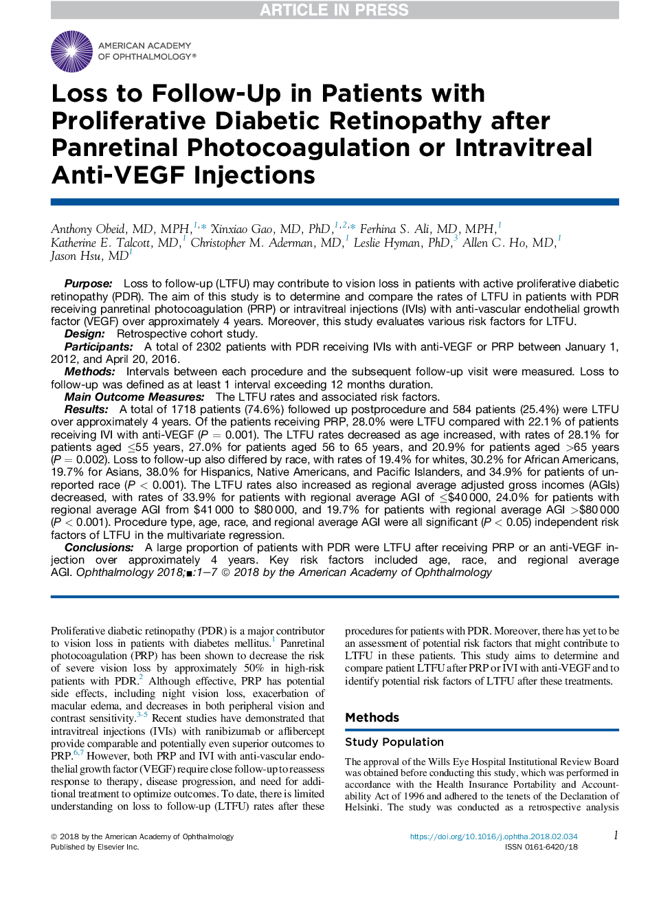 Loss to Follow-Up in Patients with Proliferative Diabetic Retinopathy after Panretinal Photocoagulation or Intravitreal Anti-VEGF Injections