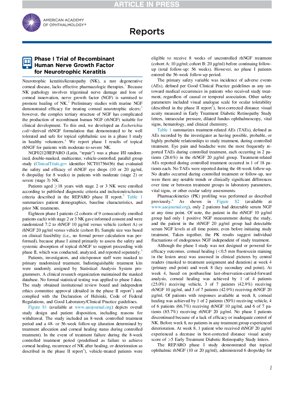 Phase I Trial of Recombinant Human Nerve Growth Factor for Neurotrophic Keratitis