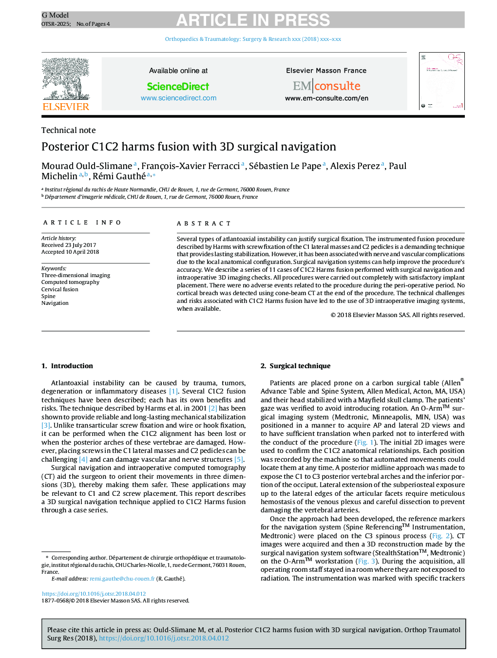 Posterior C1C2 harms fusion with 3D surgical navigation