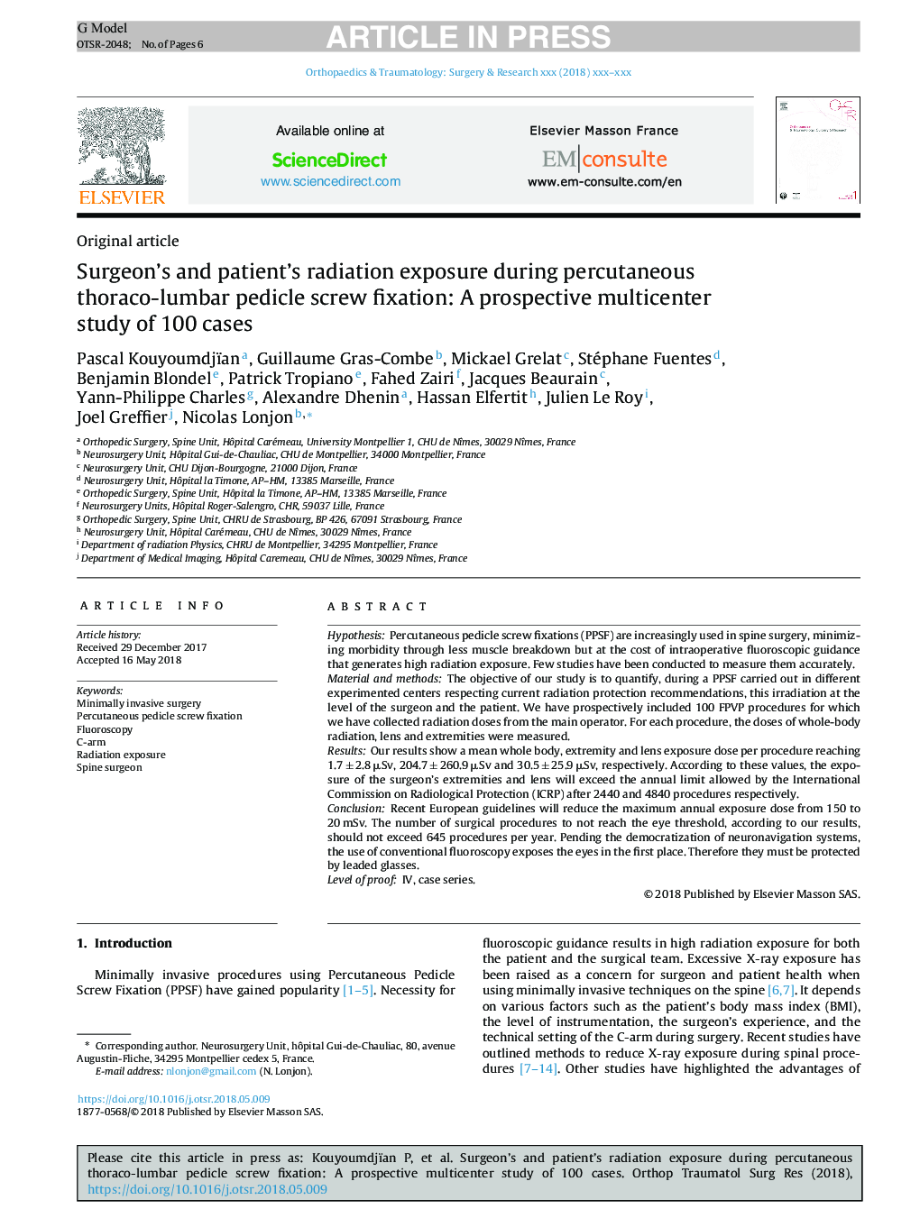 Surgeon's and patient's radiation exposure during percutaneous thoraco-lumbar pedicle screw fixation: A prospective multicenter study of 100 cases