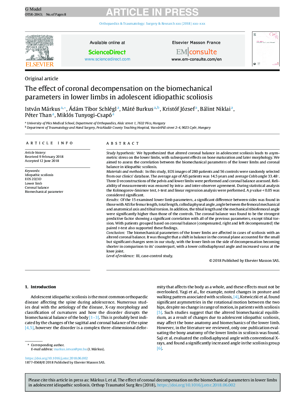 The effect of coronal decompensation on the biomechanical parameters in lower limbs in adolescent idiopathic scoliosis