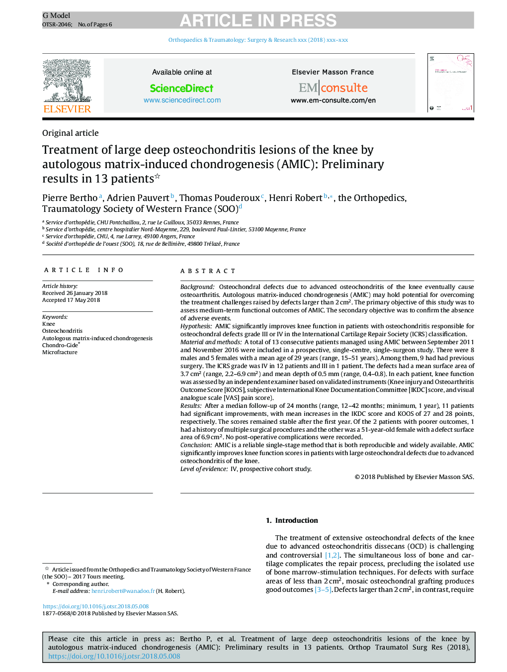 Treatment of large deep osteochondritis lesions of the knee by autologous matrix-induced chondrogenesis (AMIC): Preliminary results in 13 patients
