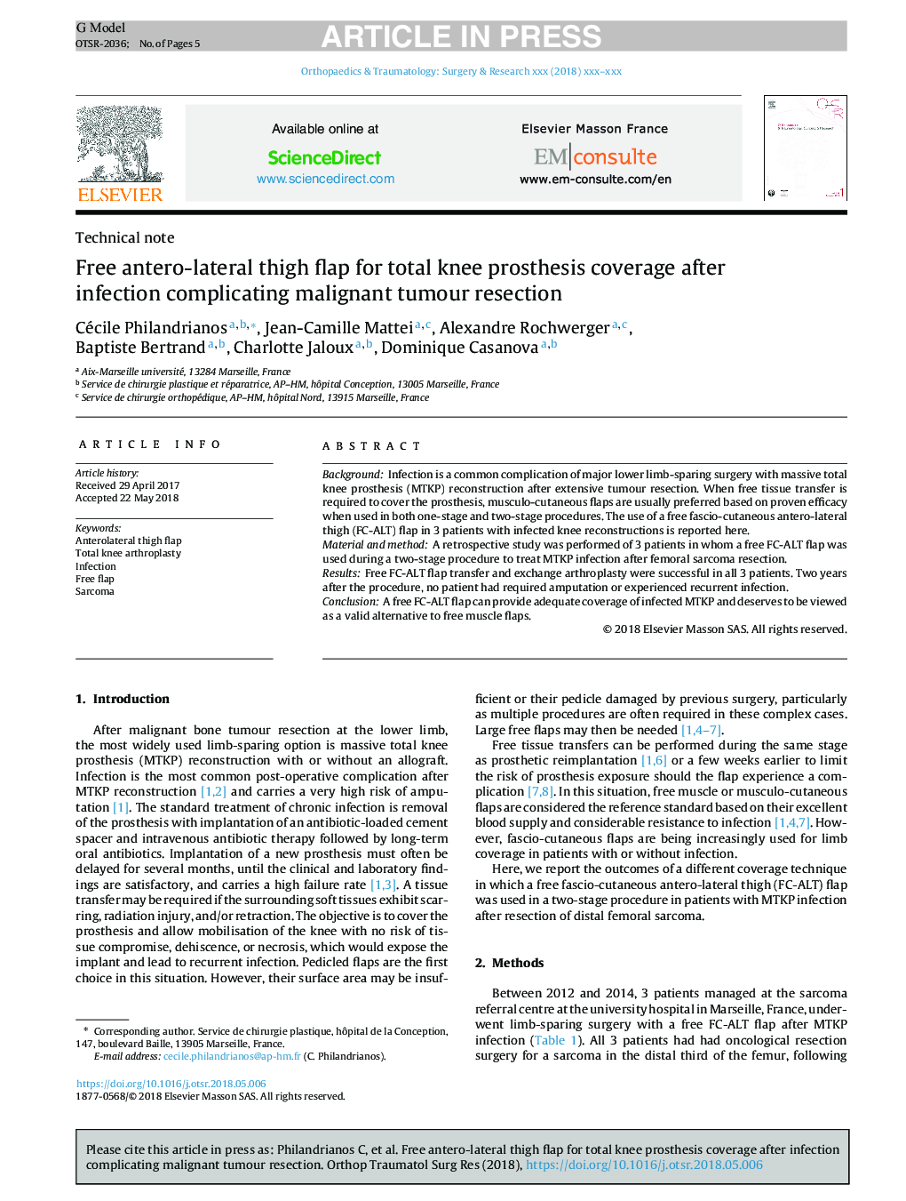 Free antero-lateral thigh flap for total knee prosthesis coverage after infection complicating malignant tumour resection