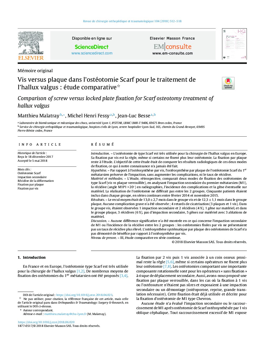 Vis versus plaque dans l'ostéotomie Scarf pour le traitement de l'hallux valgusÂ : étude comparative