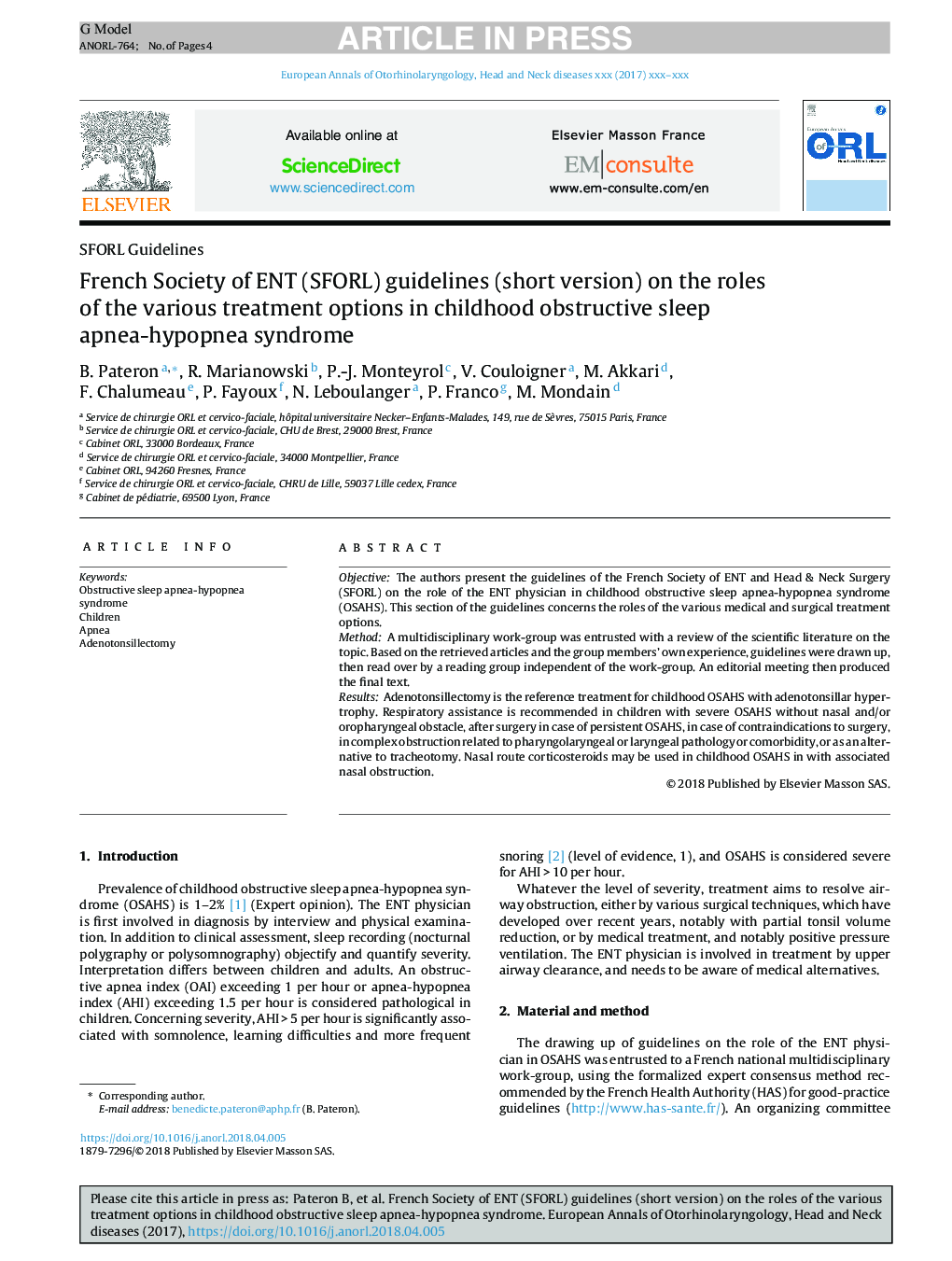 French Society of ENT (SFORL) guidelines (short version) on the roles of the various treatment options in childhood obstructive sleep apnea-hypopnea syndrome