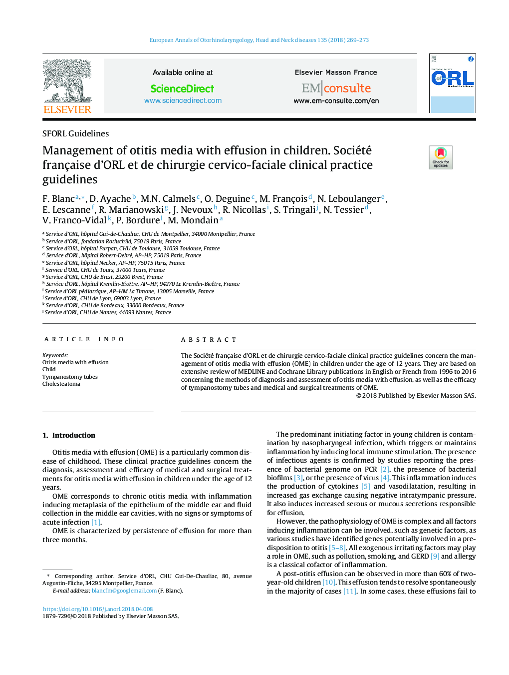 Management of otitis media with effusion in children. Société française d'ORL et de chirurgie cervico-faciale clinical practice guidelines