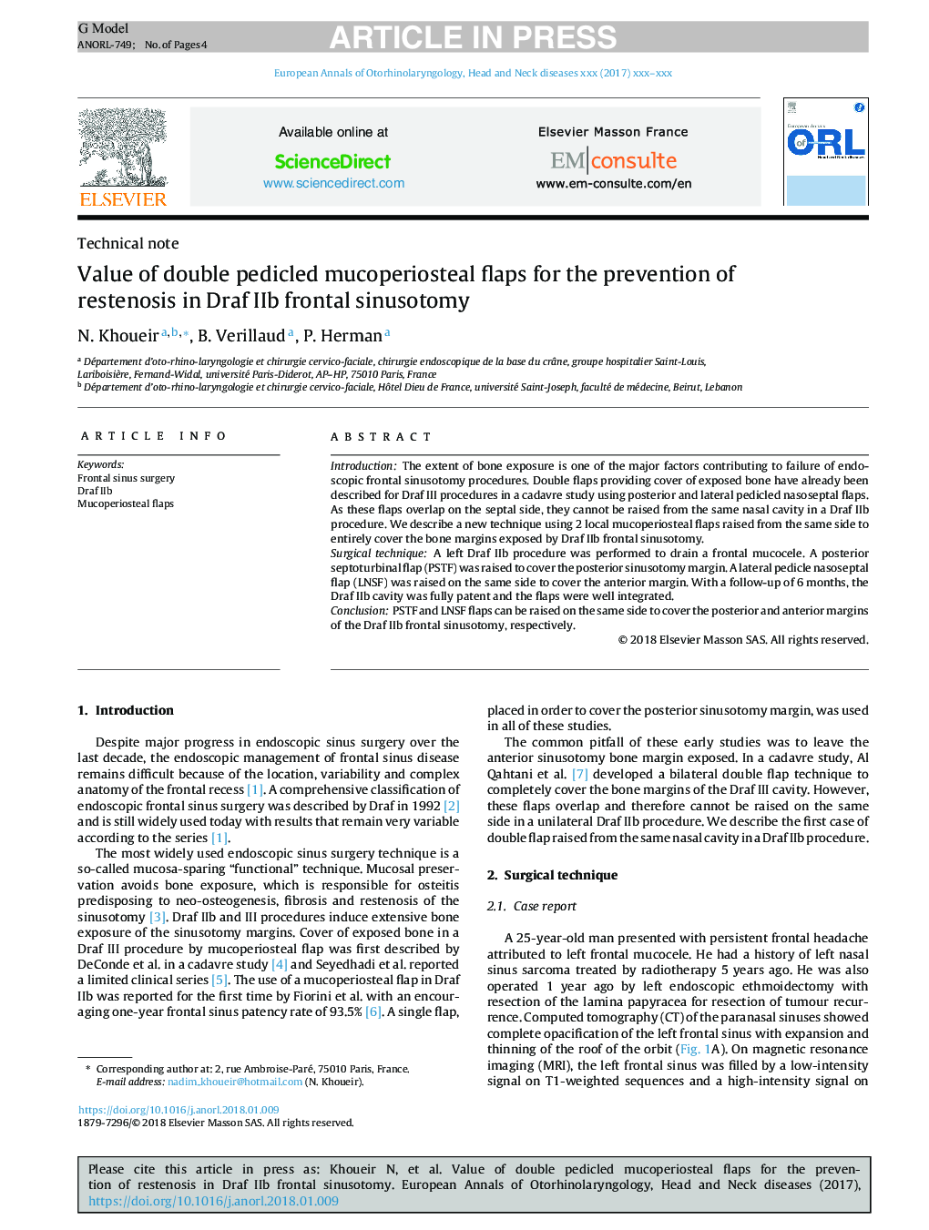 Value of double pedicled mucoperiosteal flaps for the prevention of restenosis in Draf IIb frontal sinusotomy