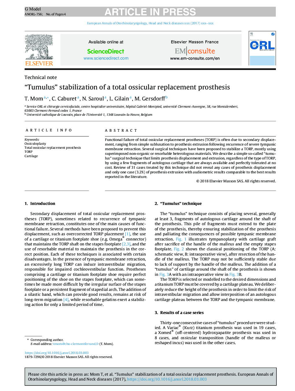 “Tumulus” stabilization of a total ossicular replacement prosthesis