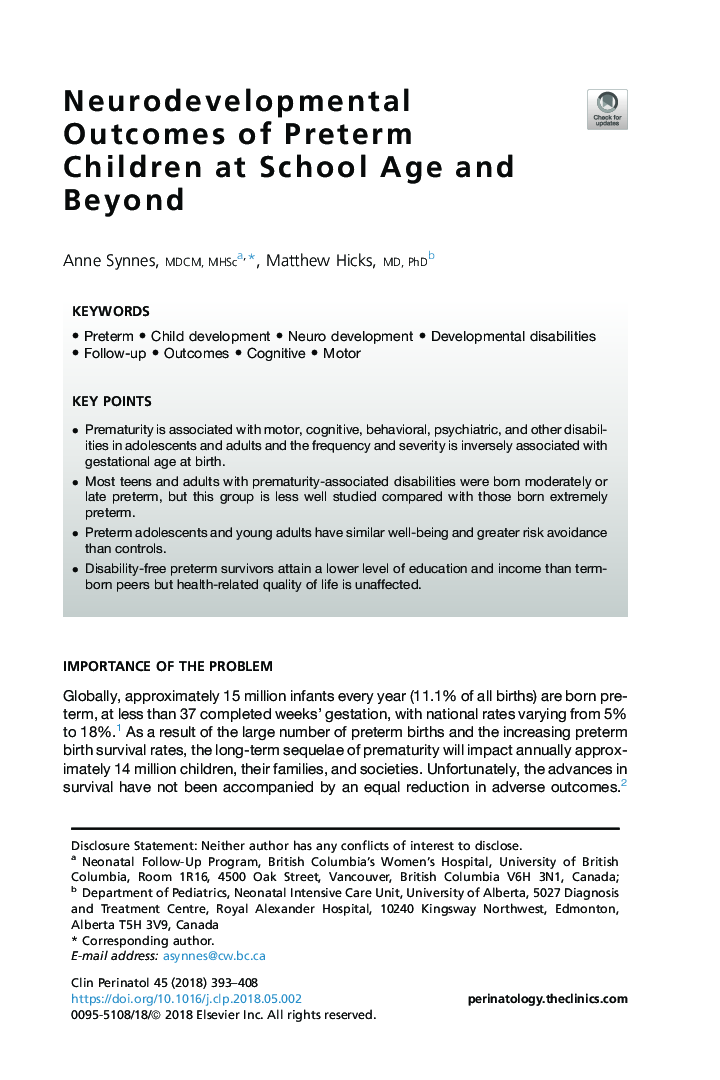 Neurodevelopmental Outcomes of Preterm Children at School Age and Beyond