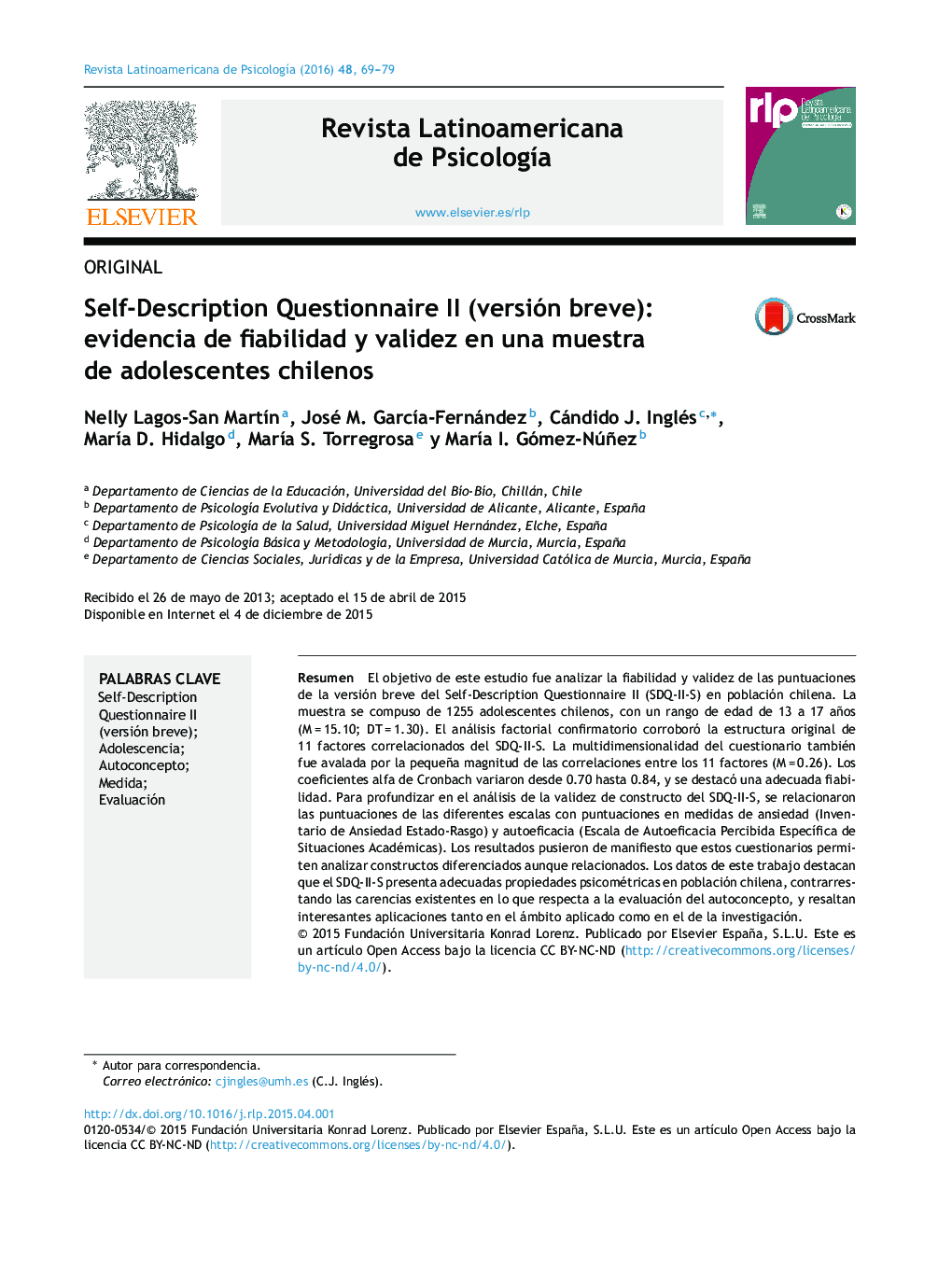 Self-Description Questionnaire II (versión breve): evidencia de fiabilidad y validez en una muestra de adolescentes chilenos