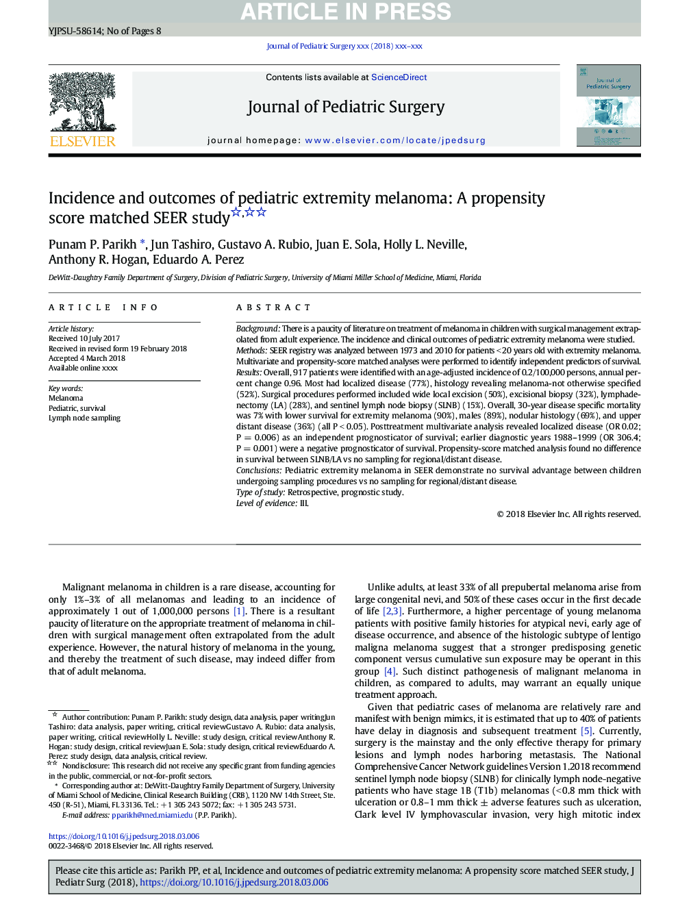 Incidence and outcomes of pediatric extremity melanoma: A propensity score matched SEER study