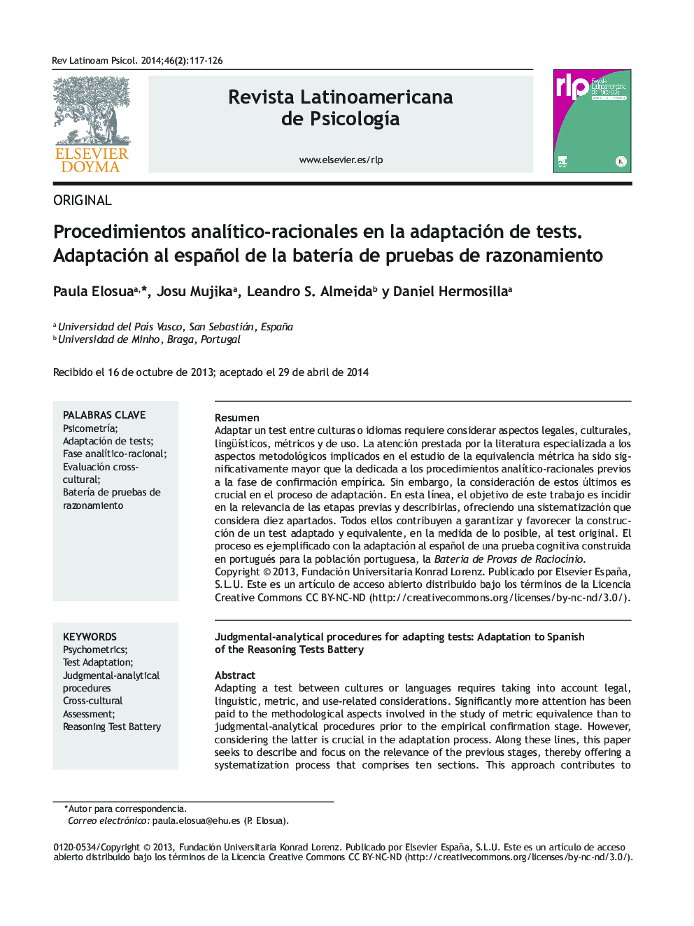 Procedimientos analítico-racionales en la adaptación de tests. Adaptación al español de la batería de pruebas de razonamiento