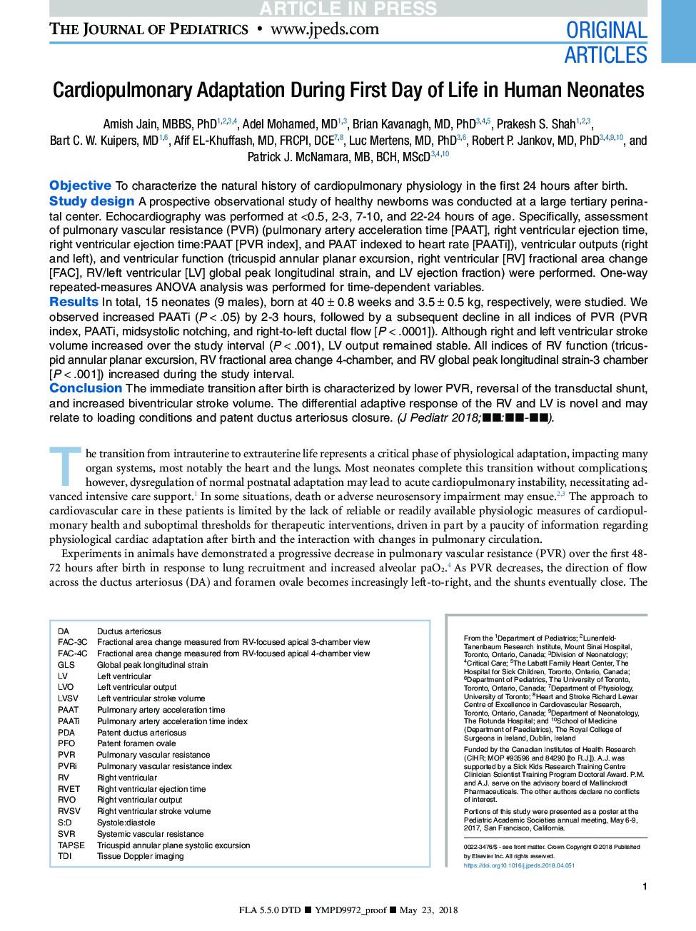 Cardiopulmonary Adaptation During First Day of Life in Human Neonates