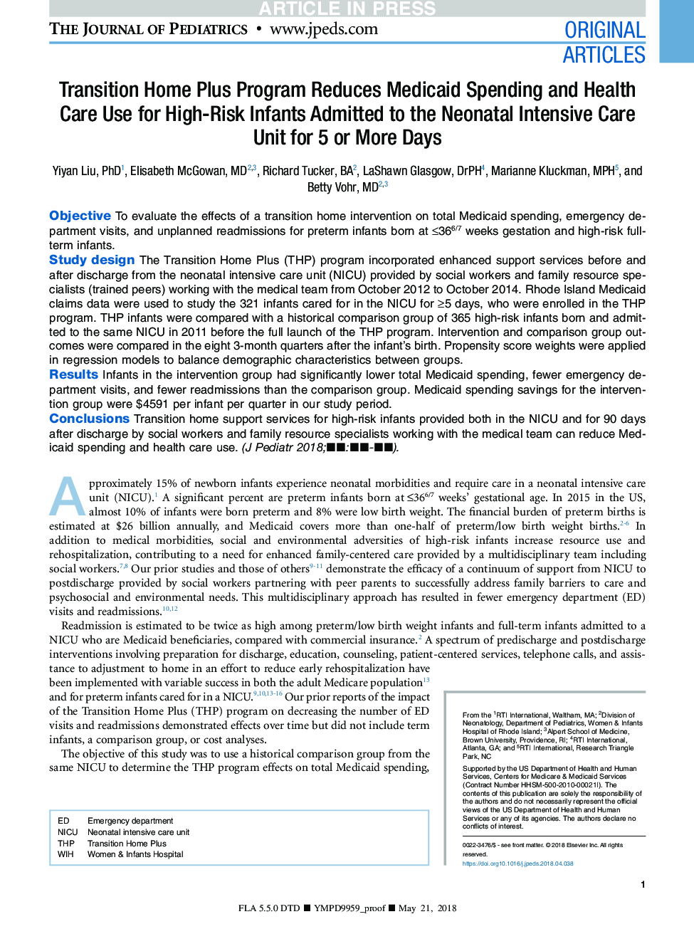 Transition Home Plus Program Reduces Medicaid Spending and Health Care Use for High-Risk Infants Admitted to the Neonatal Intensive Care Unit for 5 or More Days