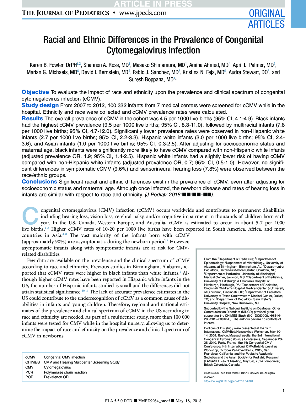 Racial and Ethnic Differences in the Prevalence of Congenital Cytomegalovirus Infection