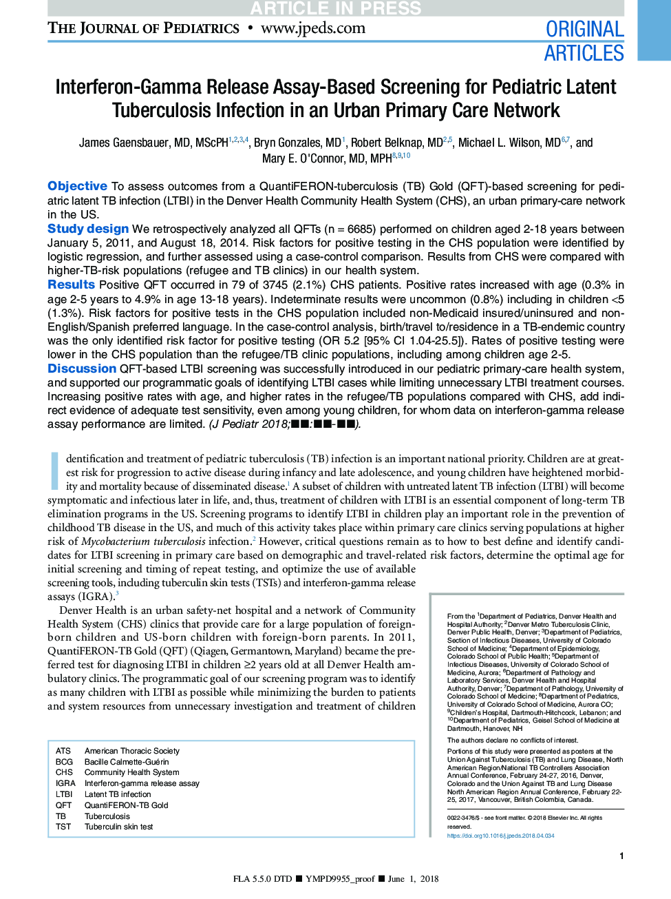 Interferon-Gamma Release Assay-Based Screening for Pediatric Latent Tuberculosis Infection in an Urban Primary Care Network