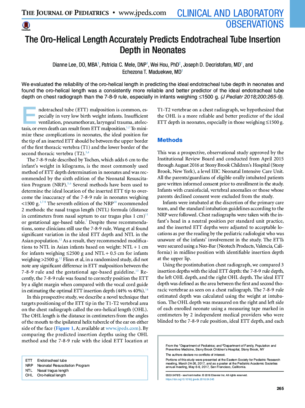 The Oro-Helical Length Accurately Predicts Endotracheal Tube Insertion Depth in Neonates